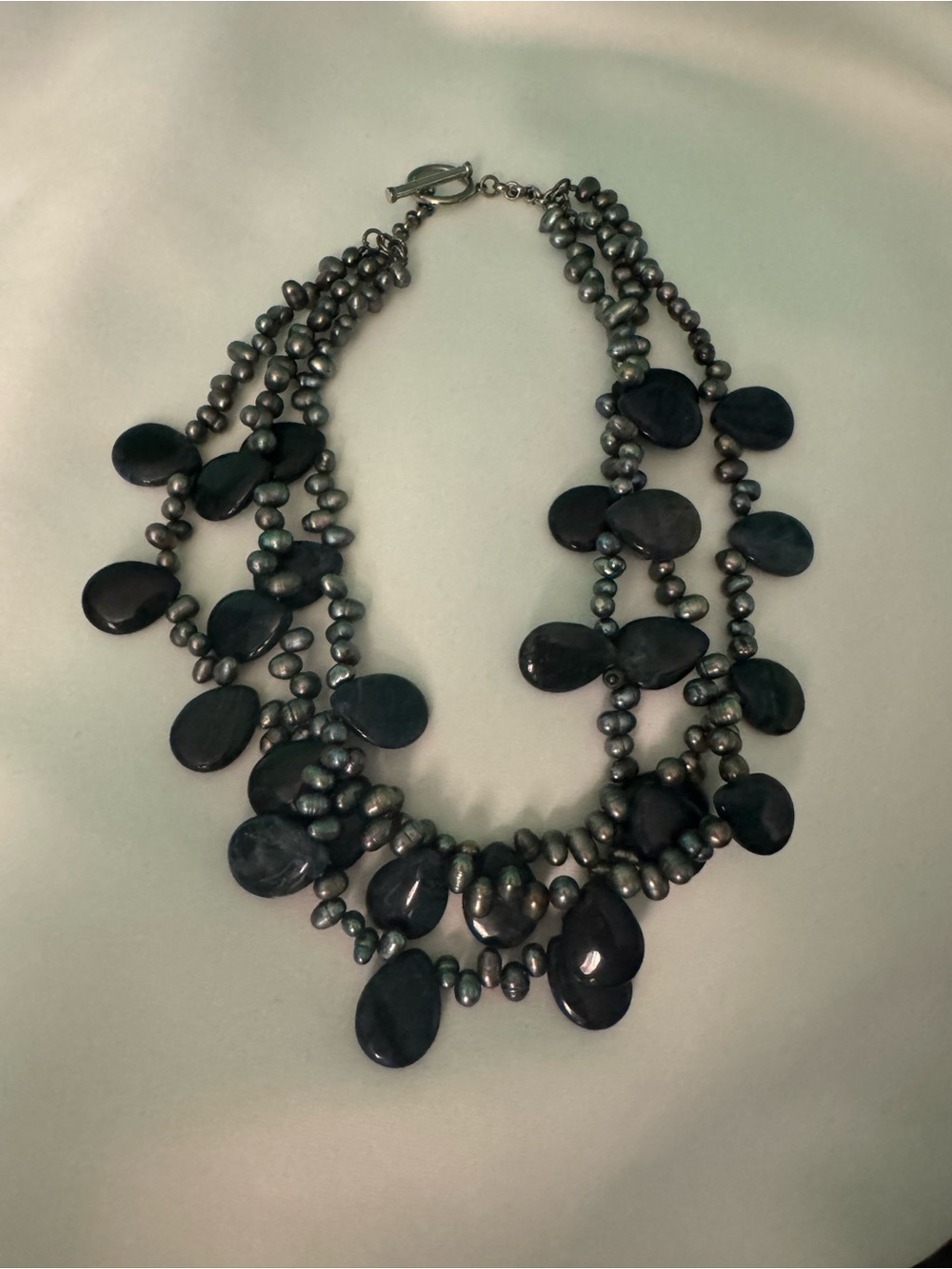 Multi-Strand Dark Gray Pearl and dark NAVY stone Drop Necklace - Women's Jewelry